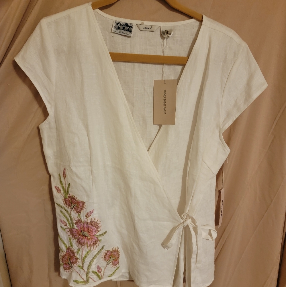 Edward 100% Irish Linen Cream Embroderd Deep V Neck Waist Tie Women's Top